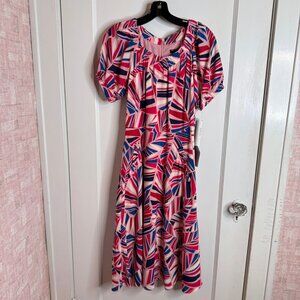 Maggy London Geometric Pink Blue Print Fit Flare Midi Dress NWT sz 4